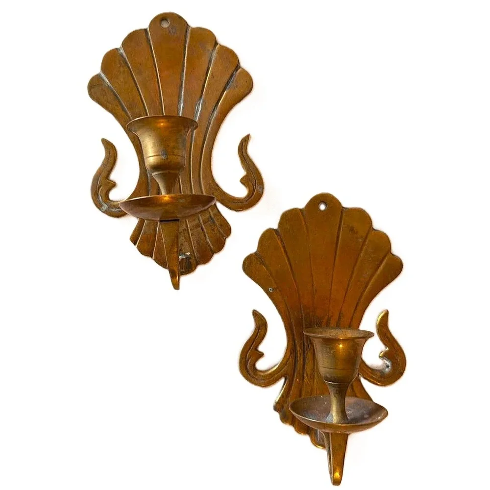 Vintage Brass Candle Wall Sconce Pair Shell MCM Hollywood Regency Cottage Core